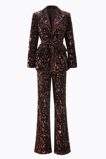 Coffee 2 Piece Peak Lapel Sequin Women's Prom Suit with Belt